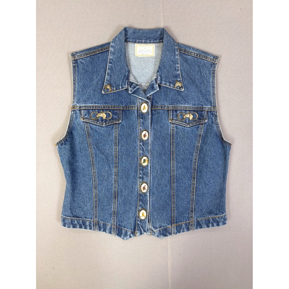 Y2K Vintage Equestrian Horse Denim Vest Jacket Size Large Western 100% Cotton